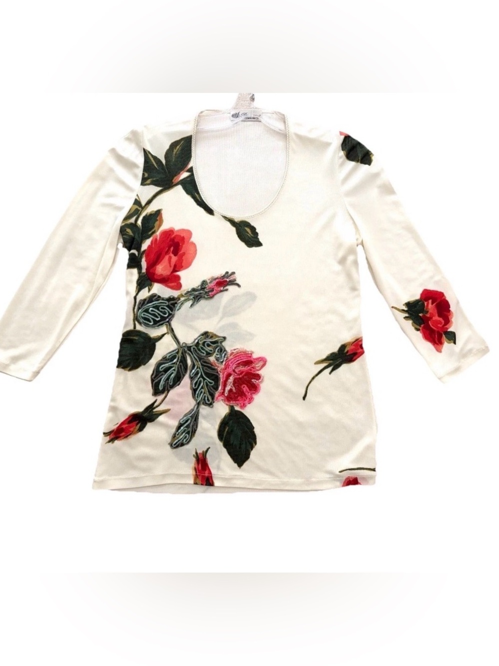 Blumarine Floral Scoop Neck Long Sleeve Top - White with Red Roses and Sequins.
